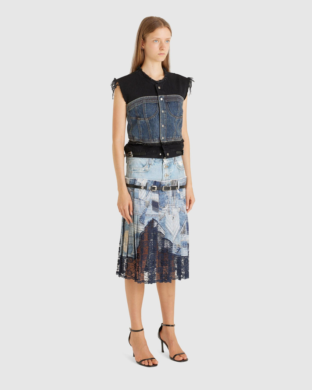 Woven All Denim Printed Pleats Skirt