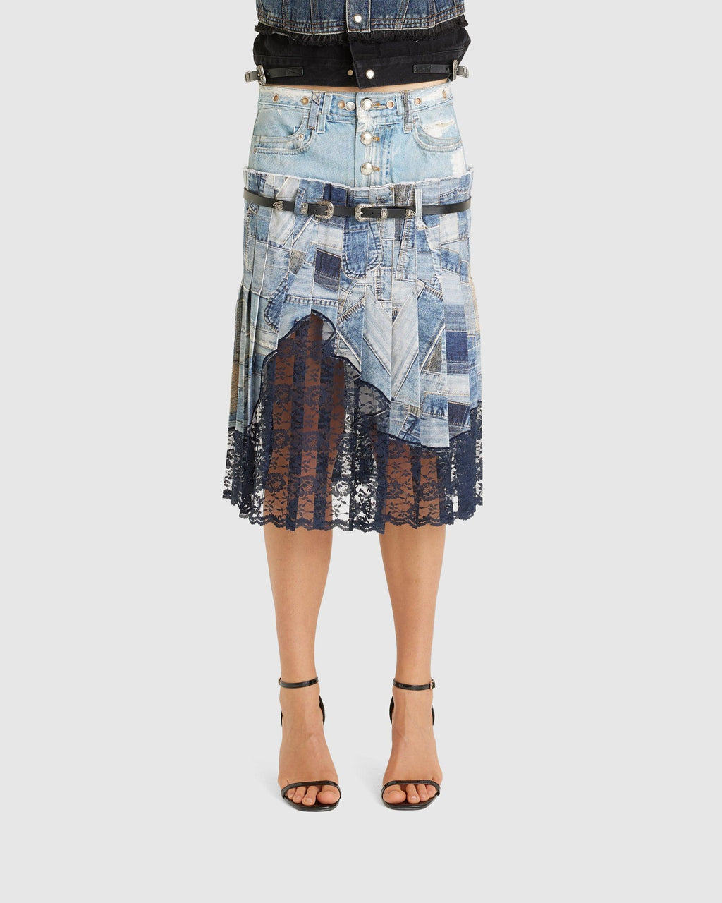 Woven All Denim Printed Pleats Skirt