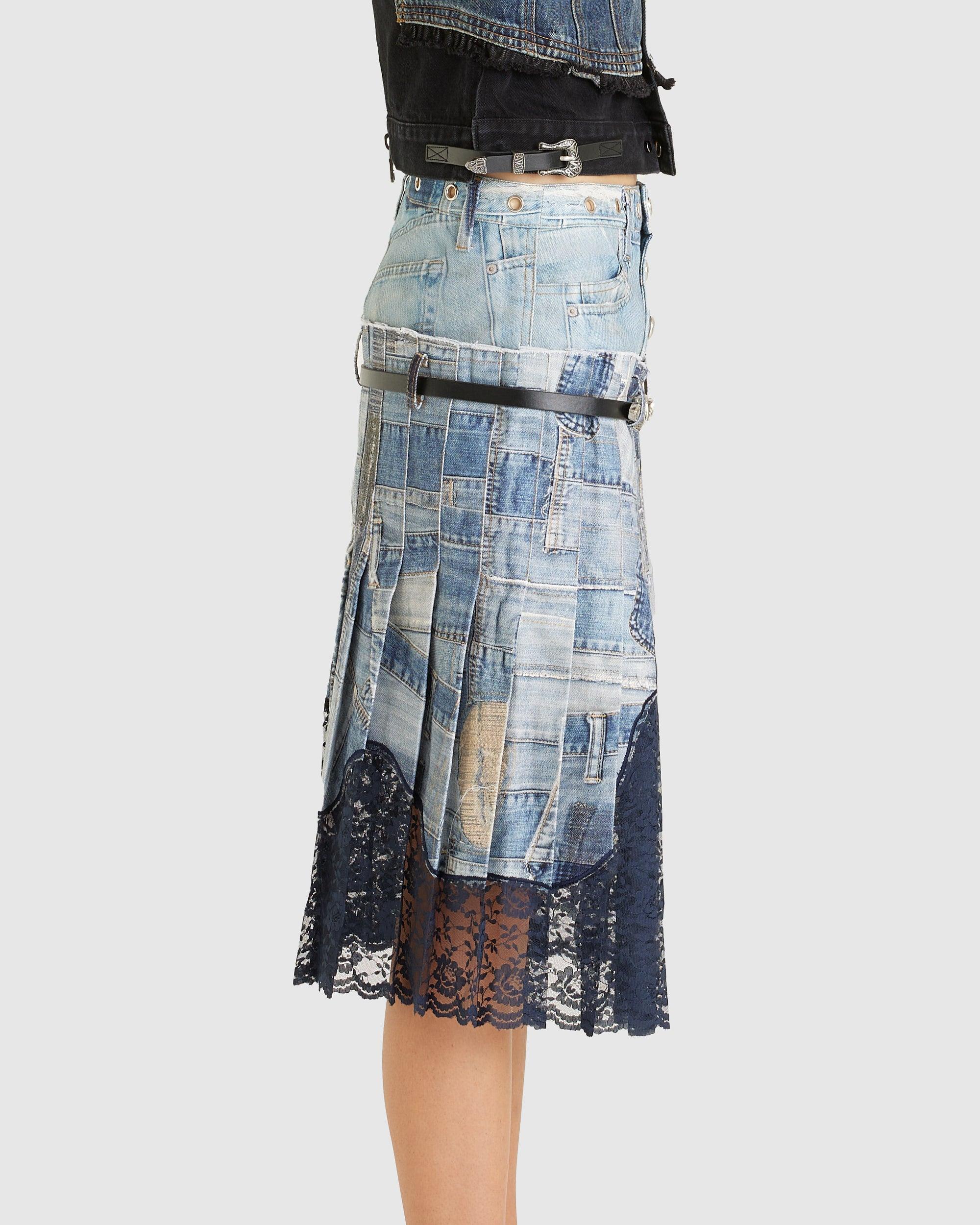Woven All Denim Printed Pleats Skirt