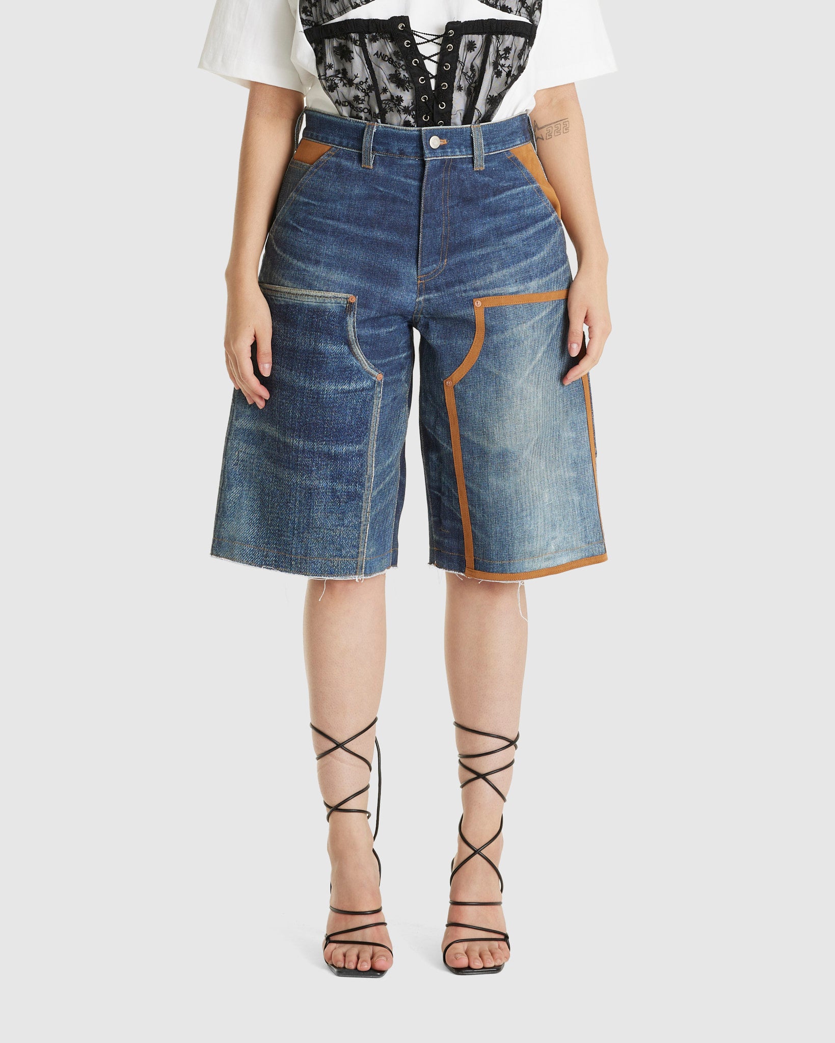 Denim Trompe L'oeil Double Knee Shorts