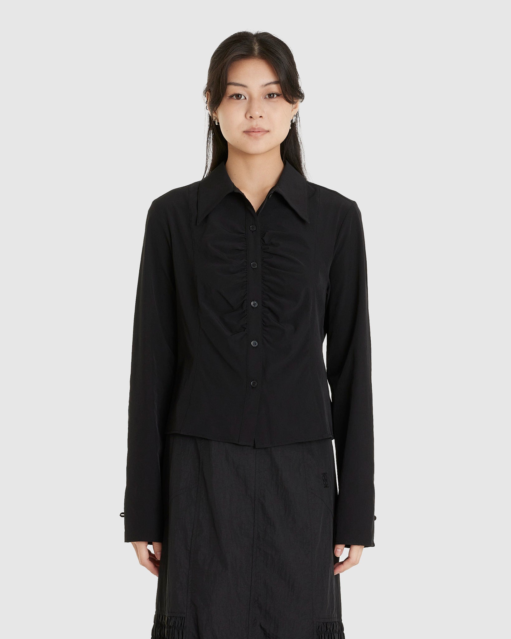 Corsage Shirring Shirt Black