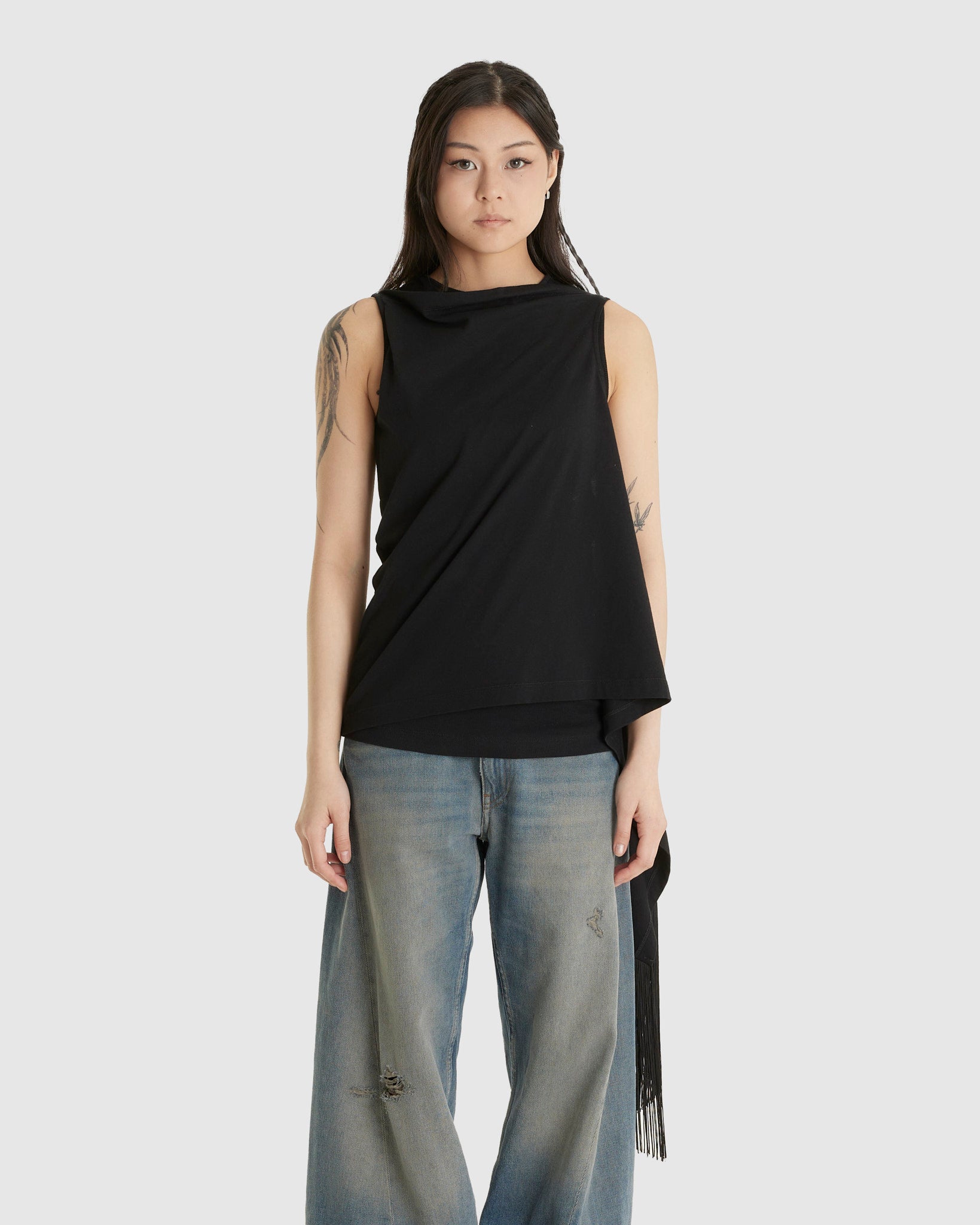 Fringed Scarf Top Black