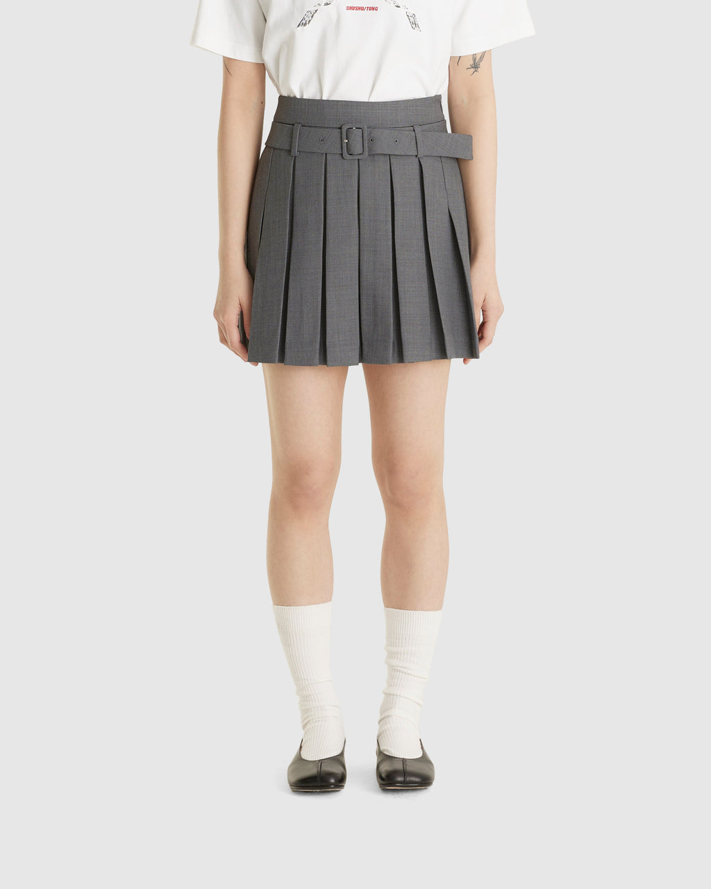 Belt-Embelished Pleated Skirt
