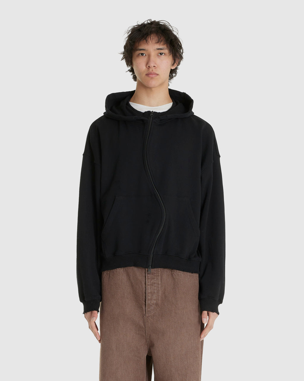 Curved Zip-Up Round Hem Hoodie Damaged Black