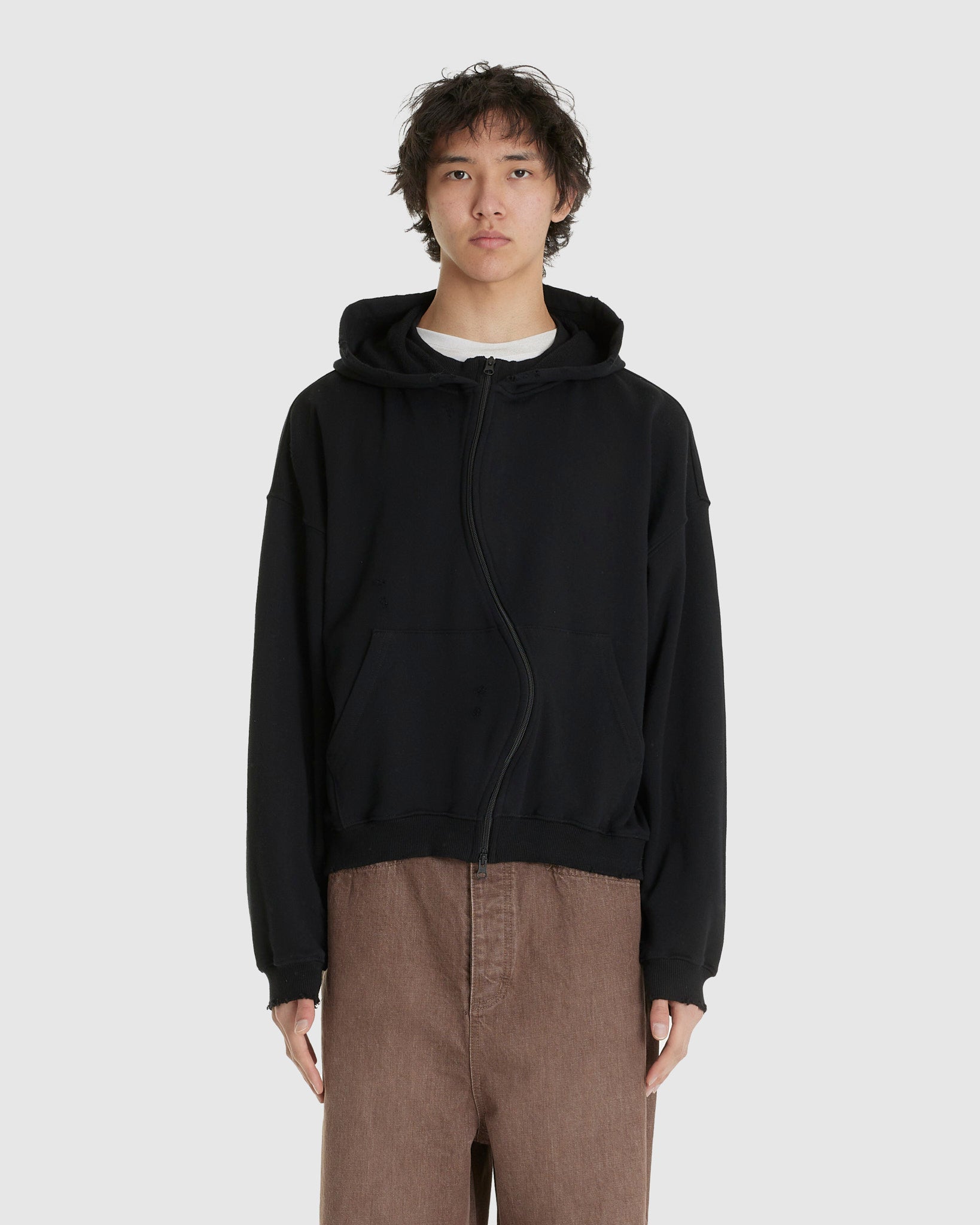 Curved Zip-Up Round Hem Hoodie Damaged Black