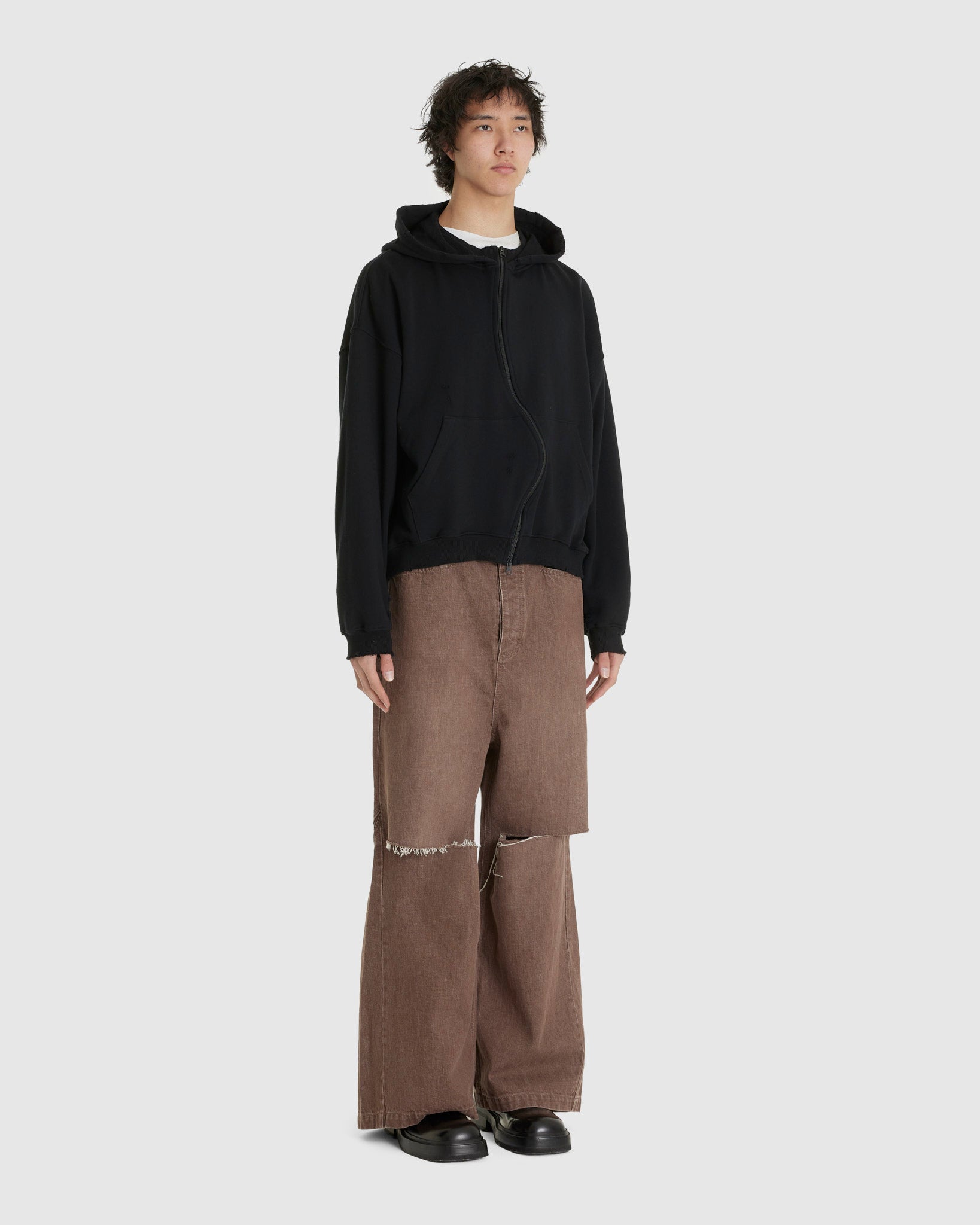 Wide Denim Damaged Trousers Washed Brown
