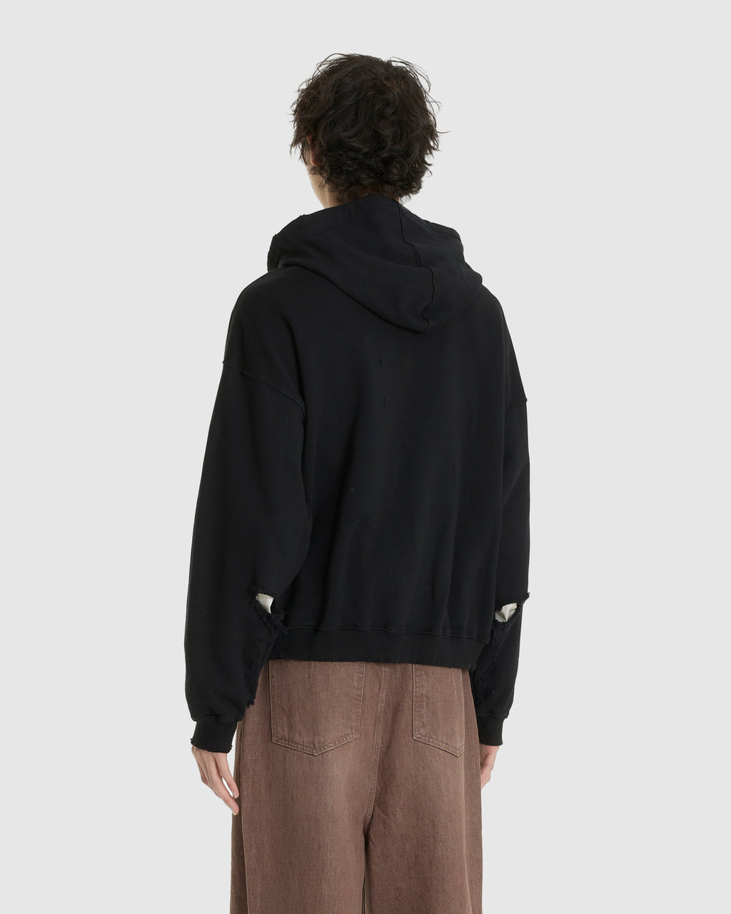 Curved Zip-Up Round Hem Hoodie Damaged Black