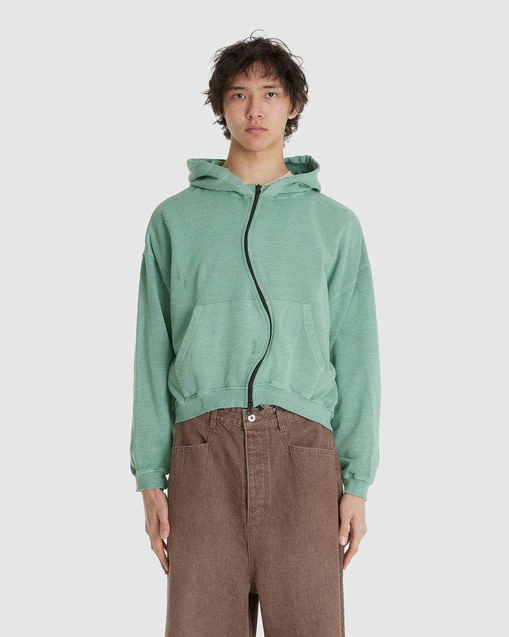 Curved Zip-Up Round Hem Hoodie Damaged Tokyo Green