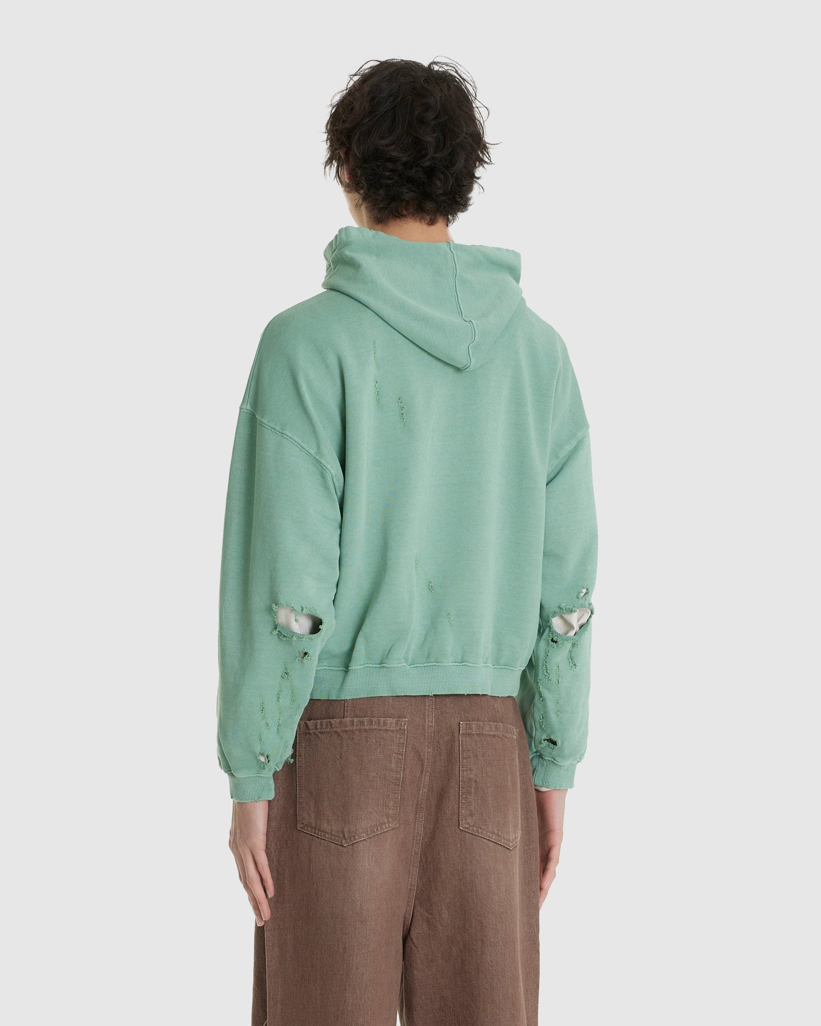Curved Zip-Up Round Hem Hoodie Damaged Tokyo Green