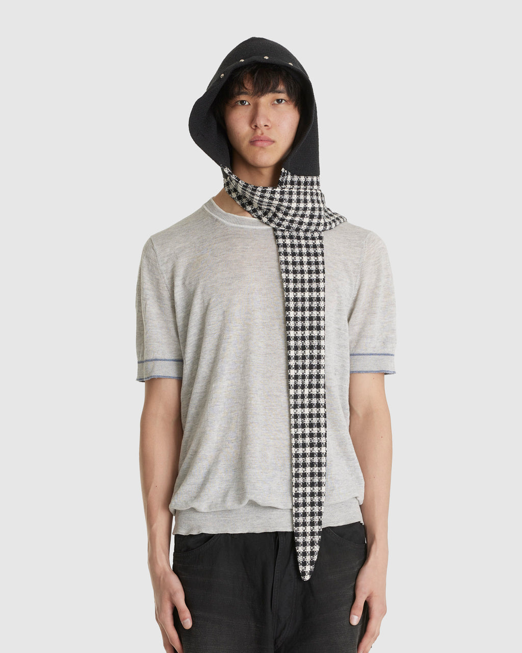 Stud Hood Scarf Black Checked