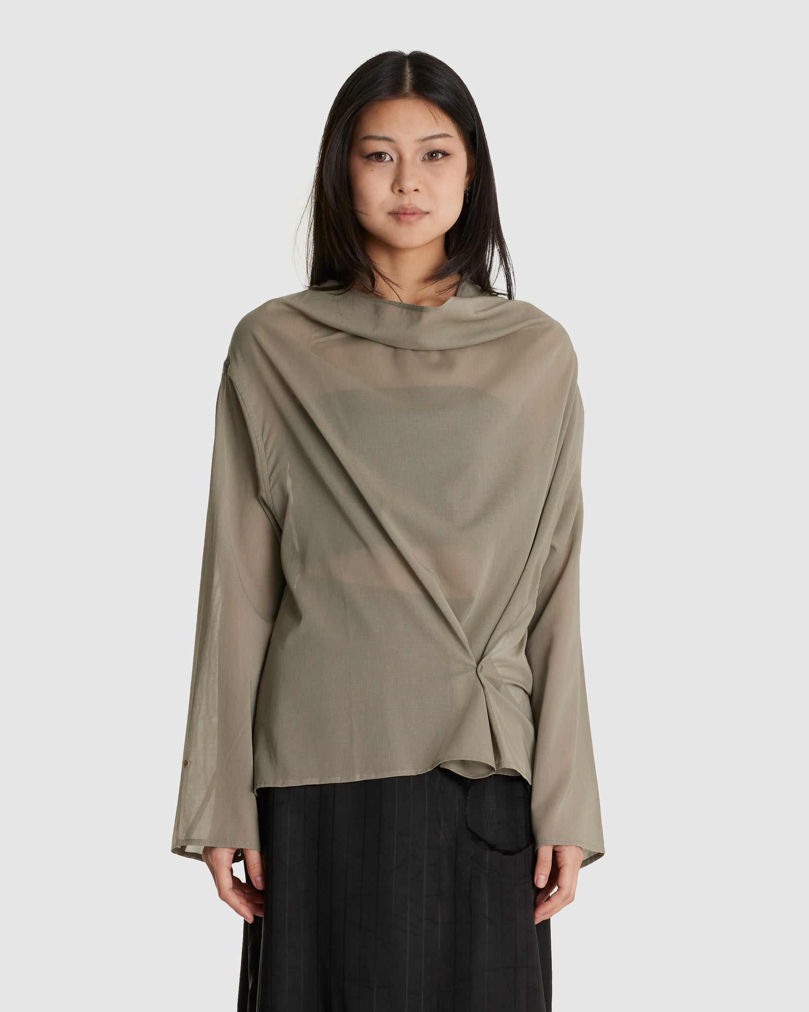 Mock Neck Two Way Blouse Grey
