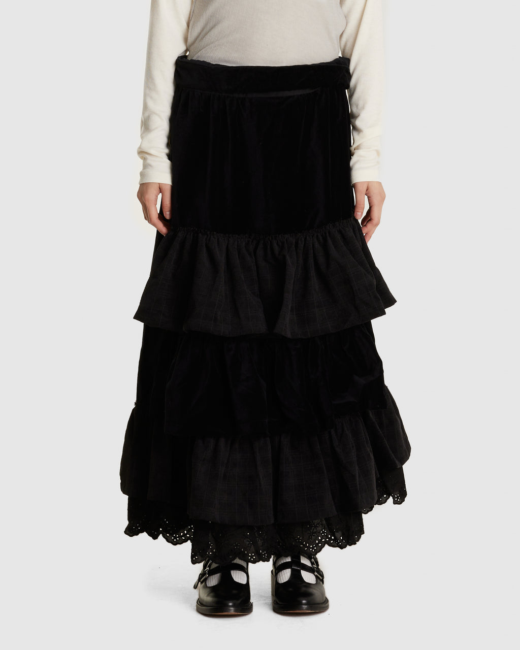 Velvet Rolled Waist Tiered Skirt