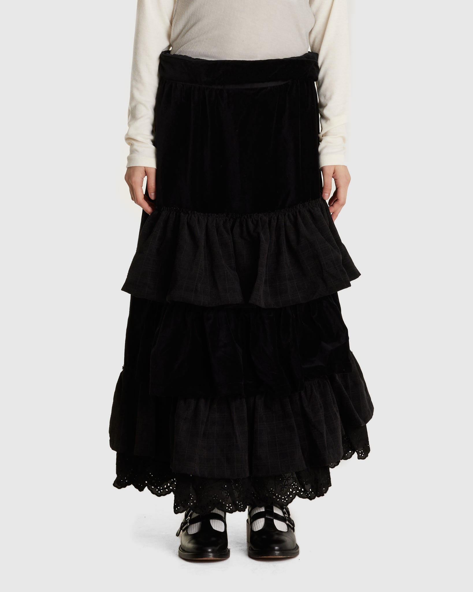 Velvet Rolled Waist Tiered Skirt
