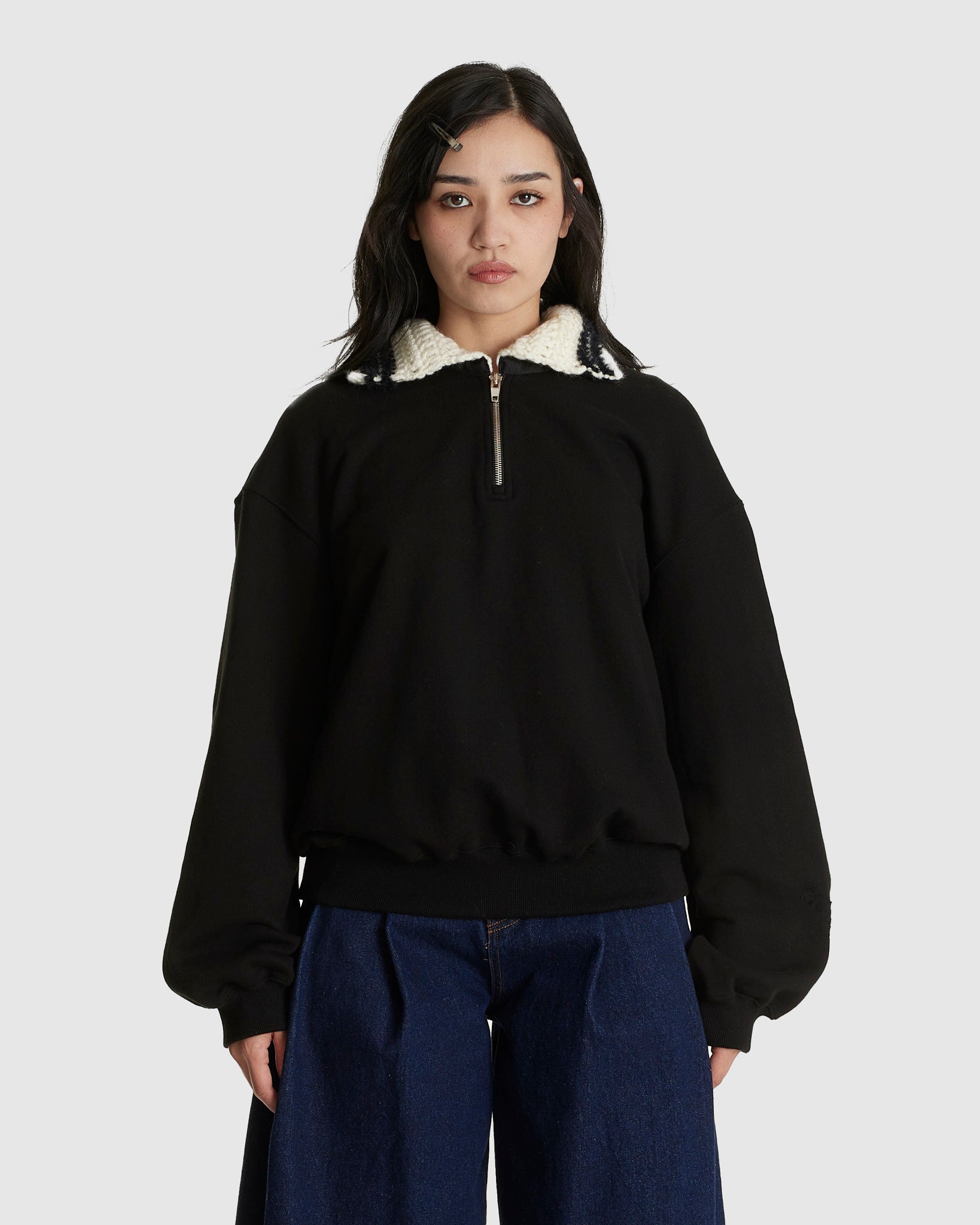 Crochet Collar Half Zip-up Pullover