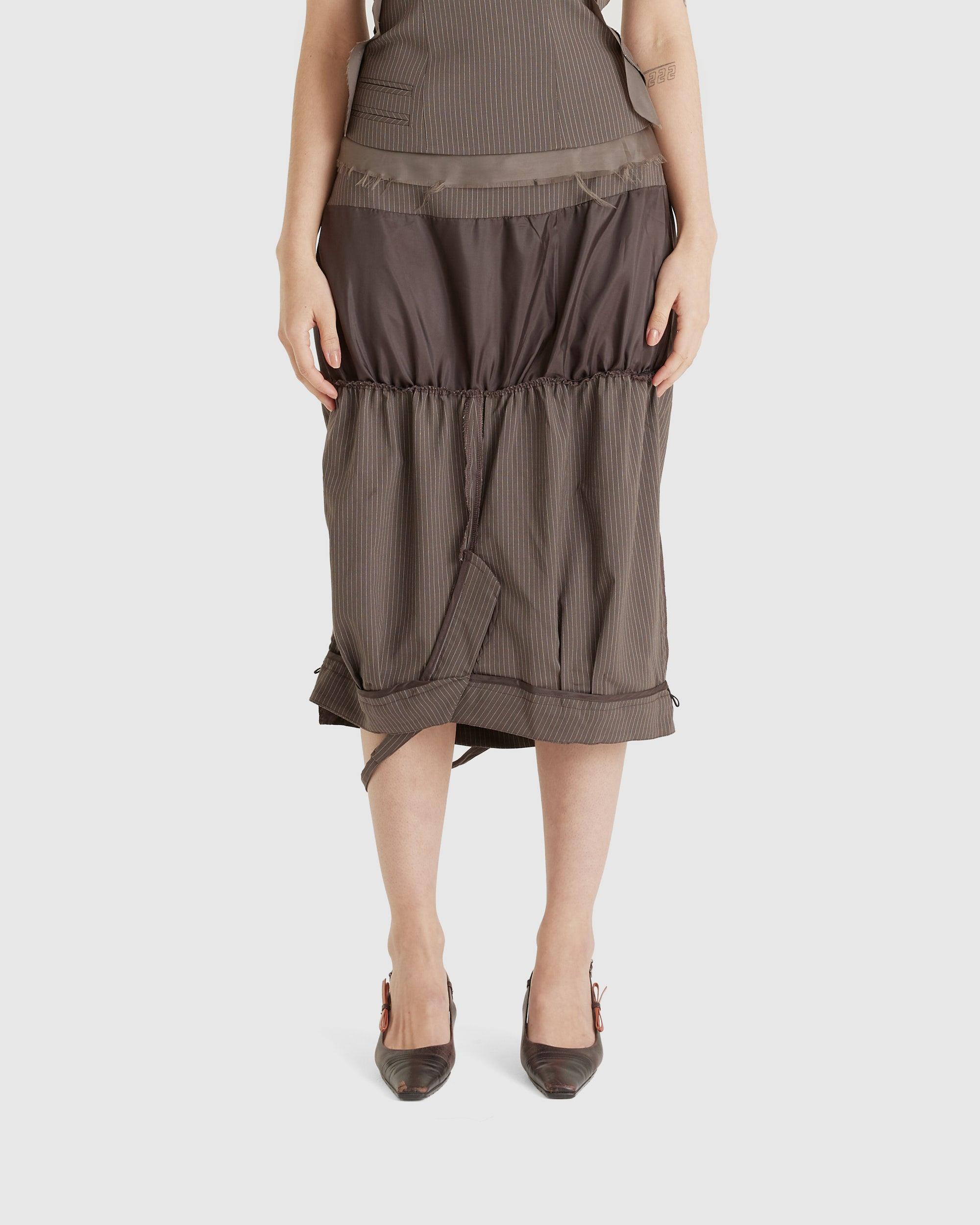 Draped Suit Skirt Brown Pinstripe
