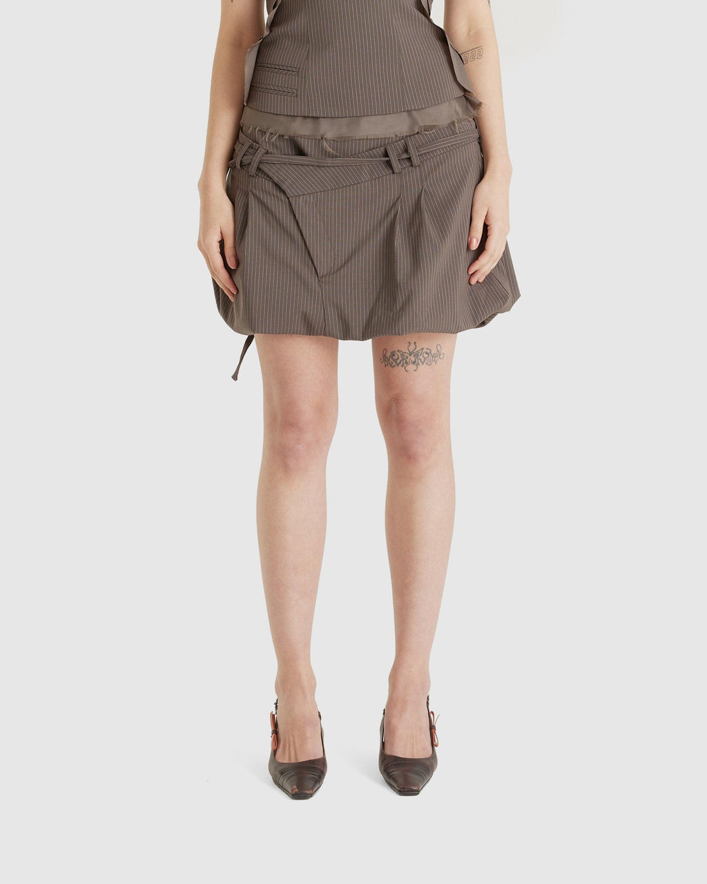 Draped Suit Skirt Brown Pinstripe