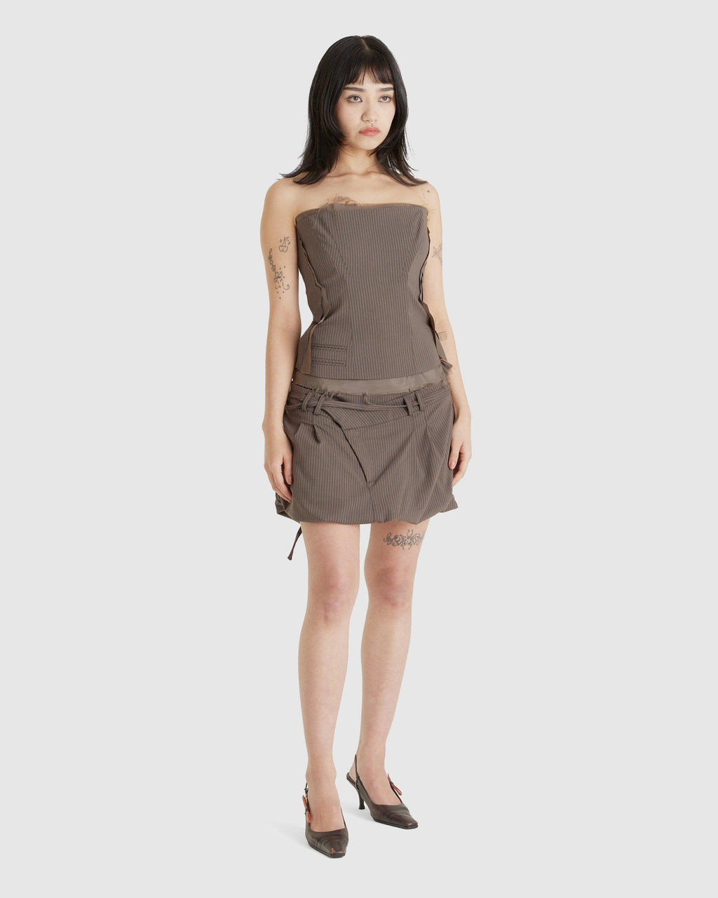 Draped Suit Skirt Brown Pinstripe