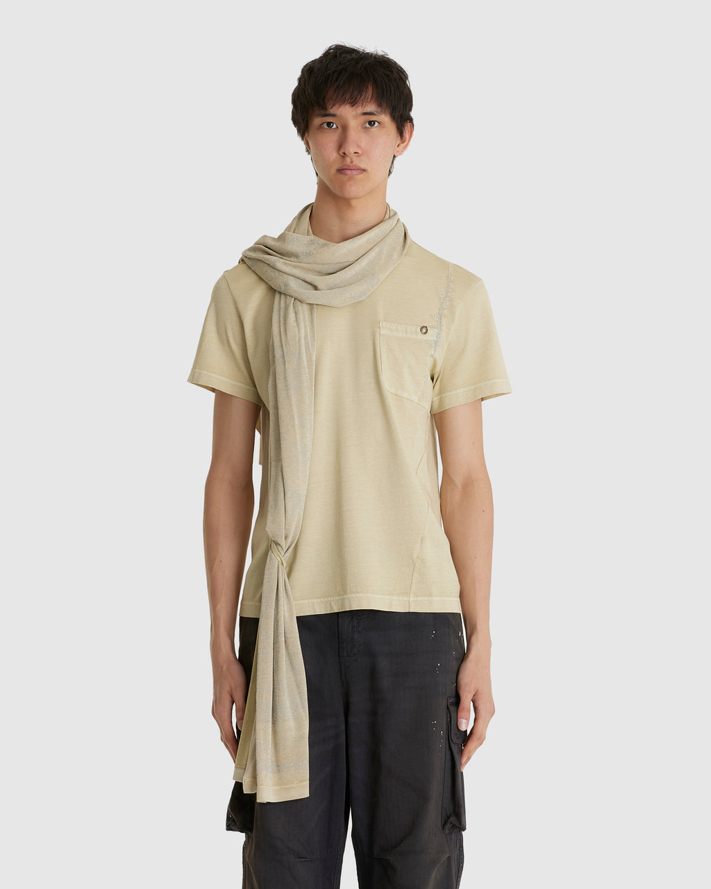 Basic T-Shirt w/ Graphic Scarf Sand Beige