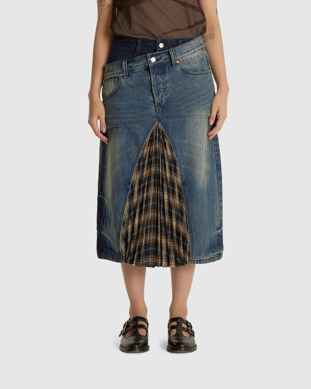 Pleats Combo Flipped Denim Skirt