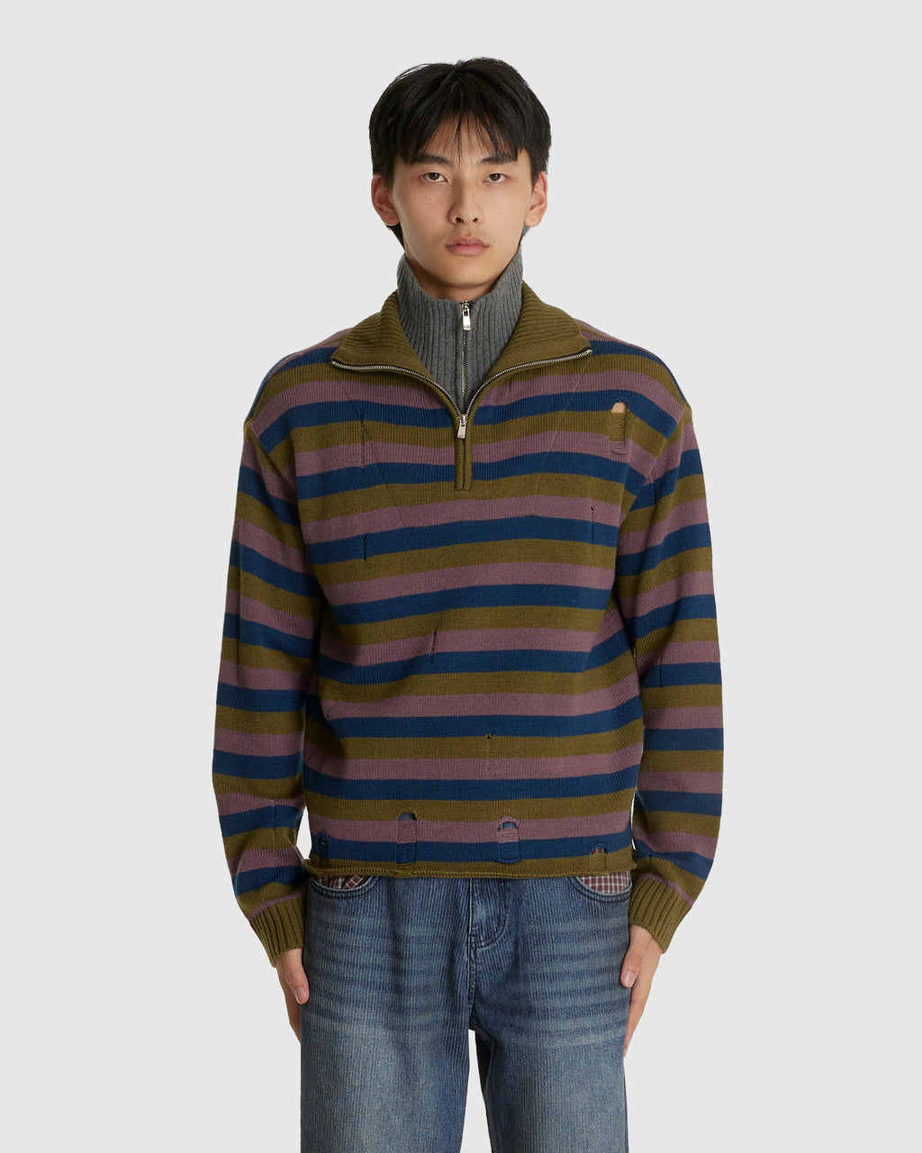 Double Layered Stripe Half Zip-Up