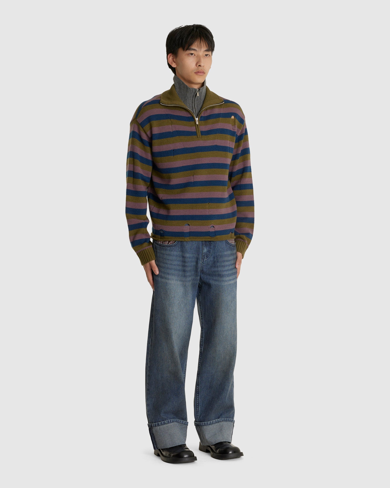 Double Layered Stripe Half Zip-Up