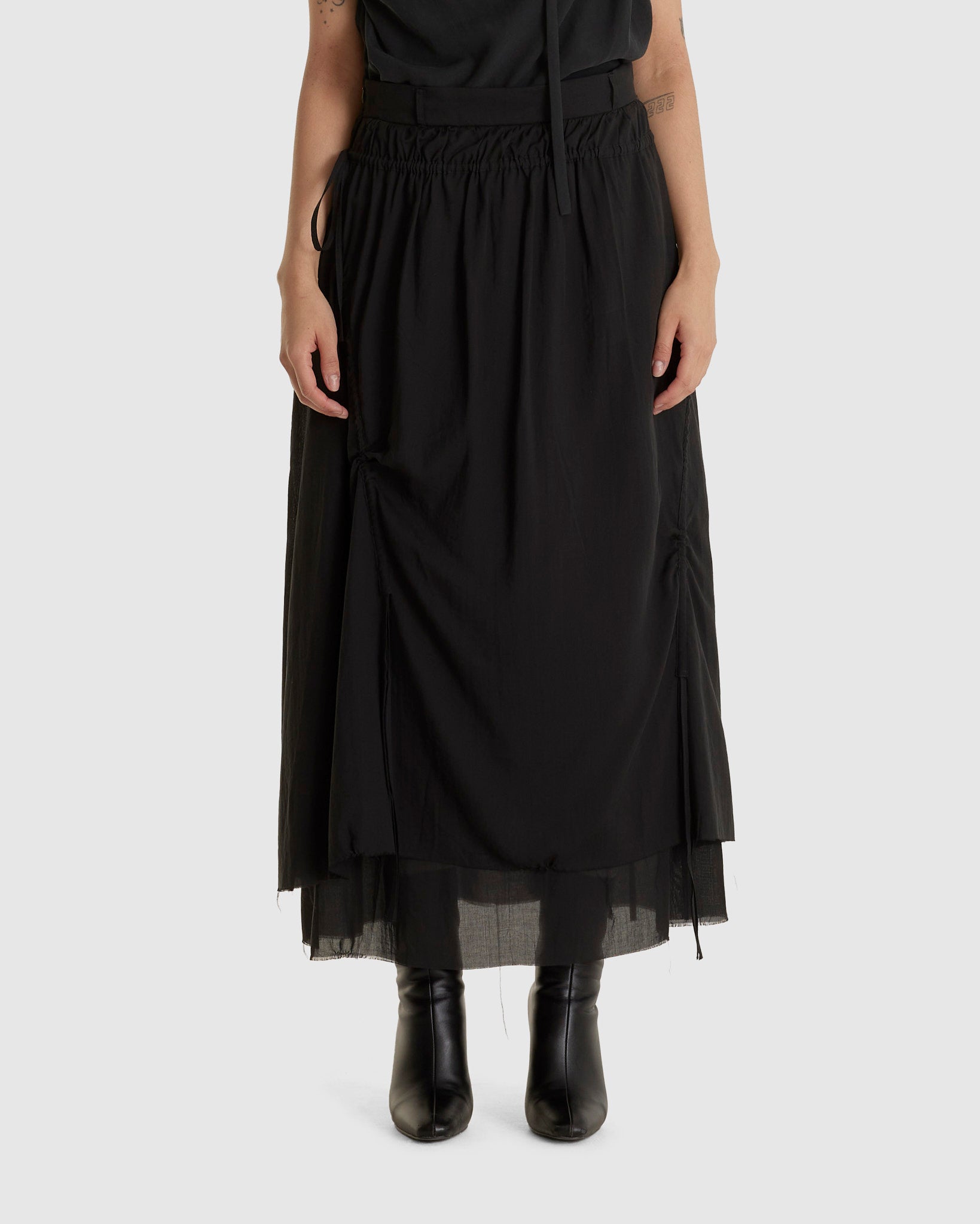 Cotton Pleated Midi Skirt Black