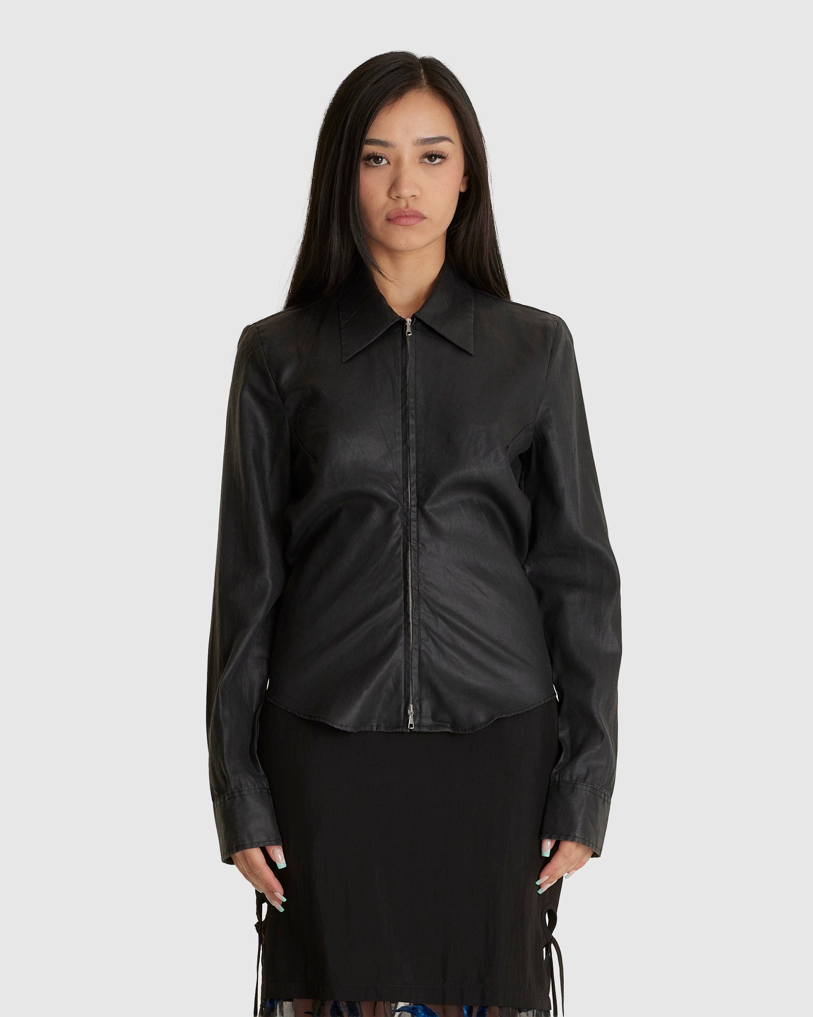 Slim Zip Shirt Lacquer Black Mirror Tencel