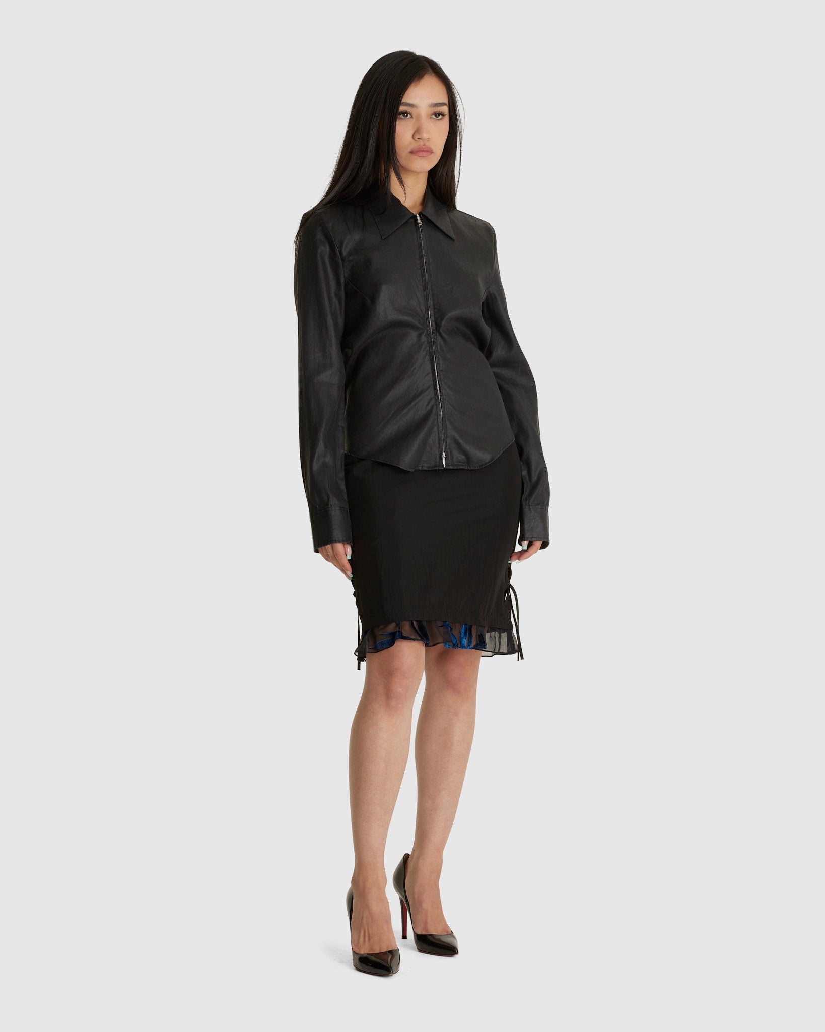 Slim Zip Shirt Lacquer Black Mirror Tencel