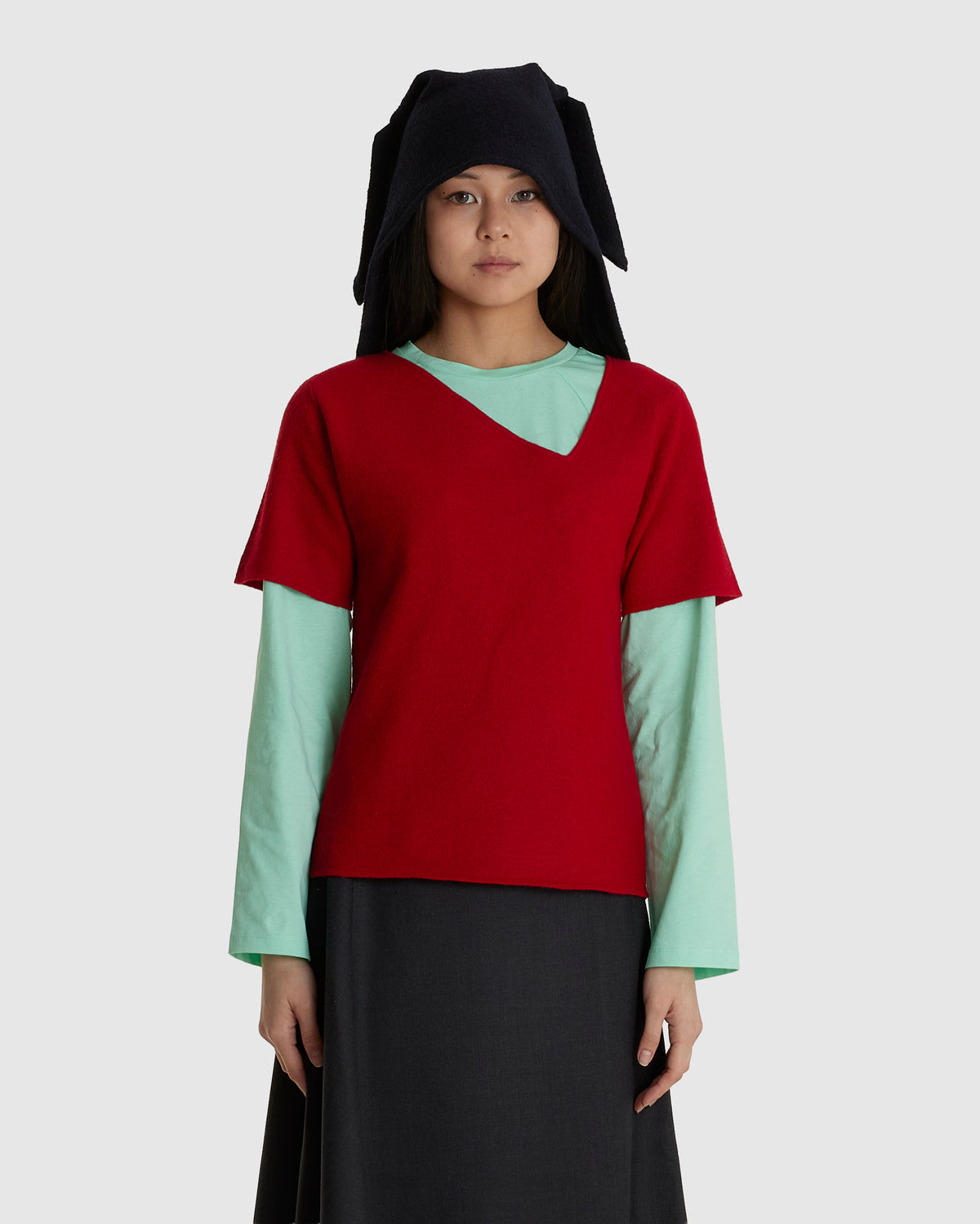 Felted Y-Neck Short Sleeve Red