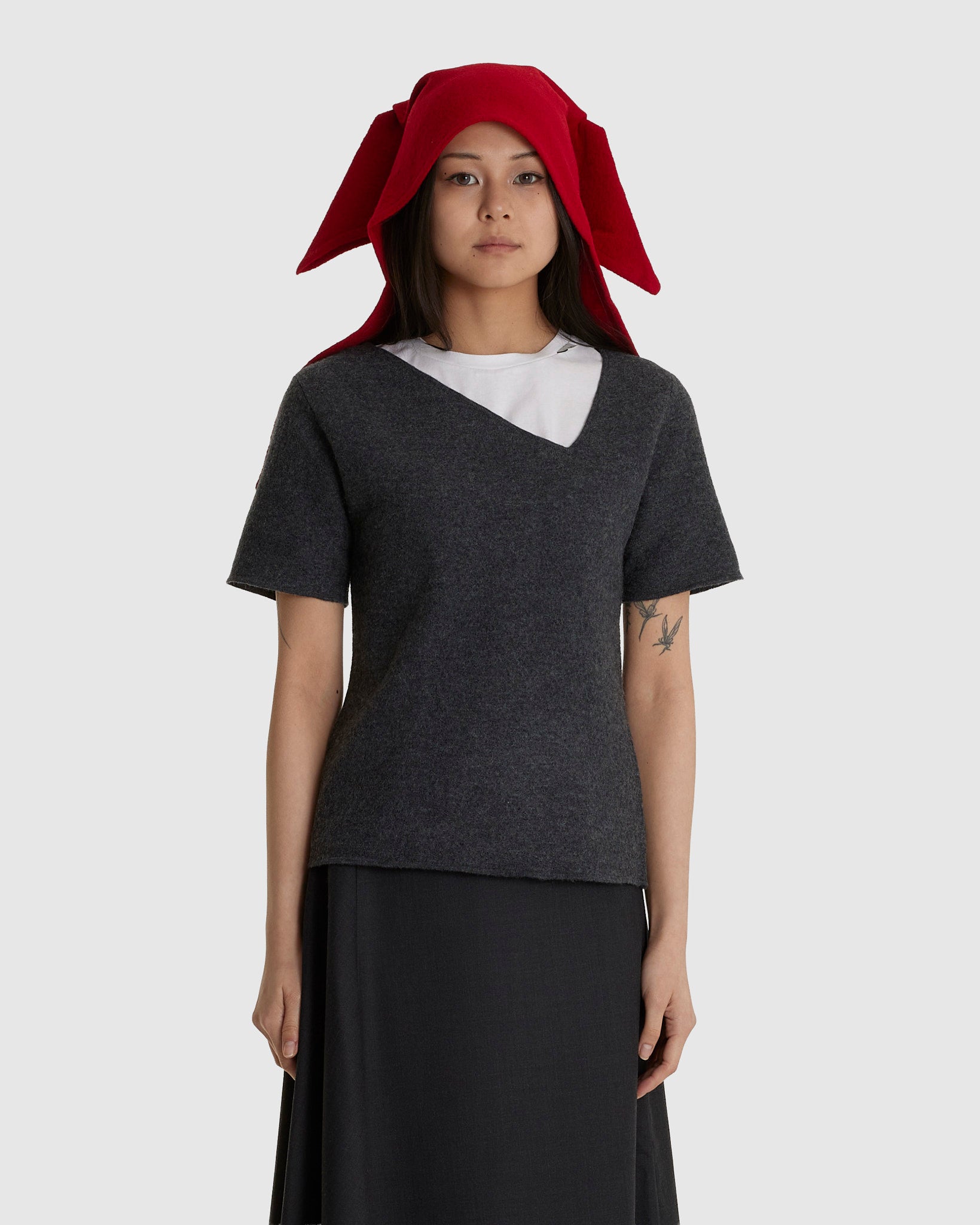 Felted Y-Neck Short Sleeve Grey