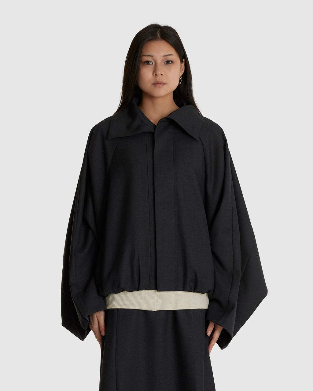 Stand Collar Pleated Jacket Dark Grey