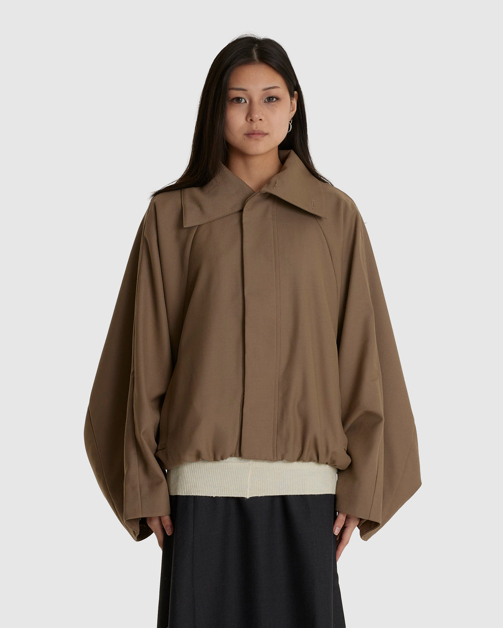 Stand Collar Pleated Jacket Khaki