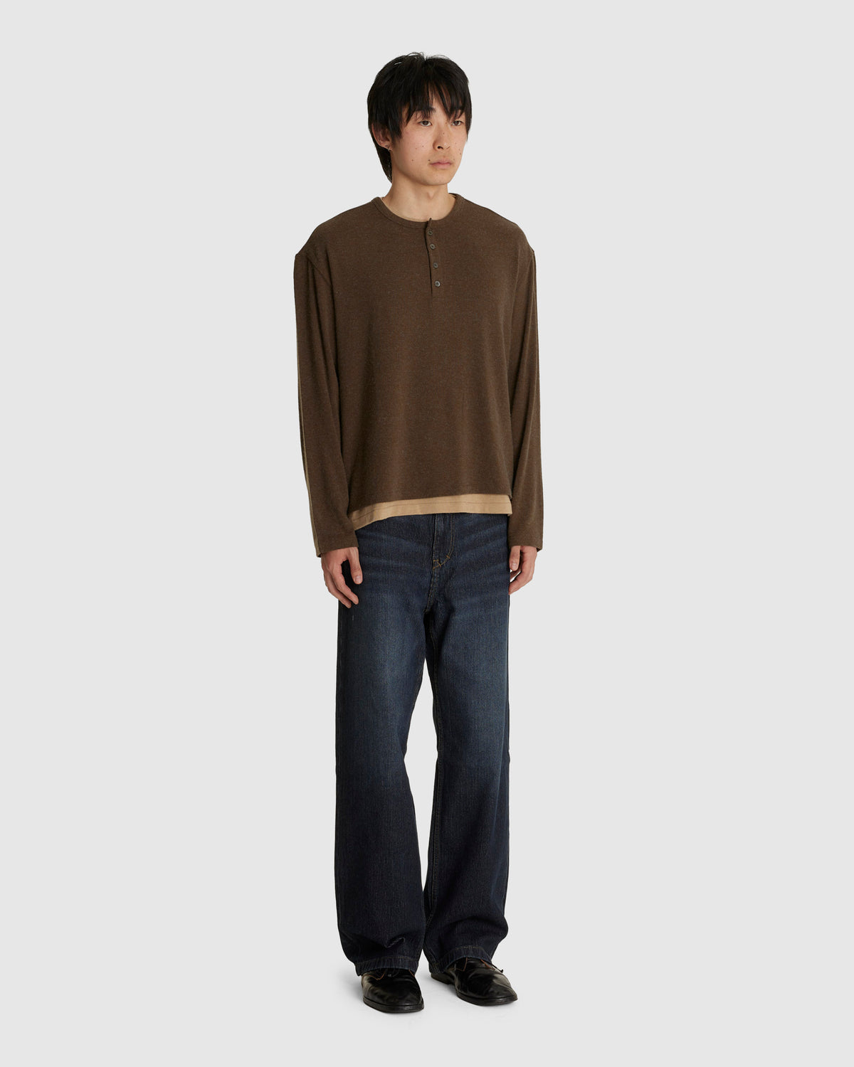Hairy Henley Neck Layered Shirt Khaki Green
