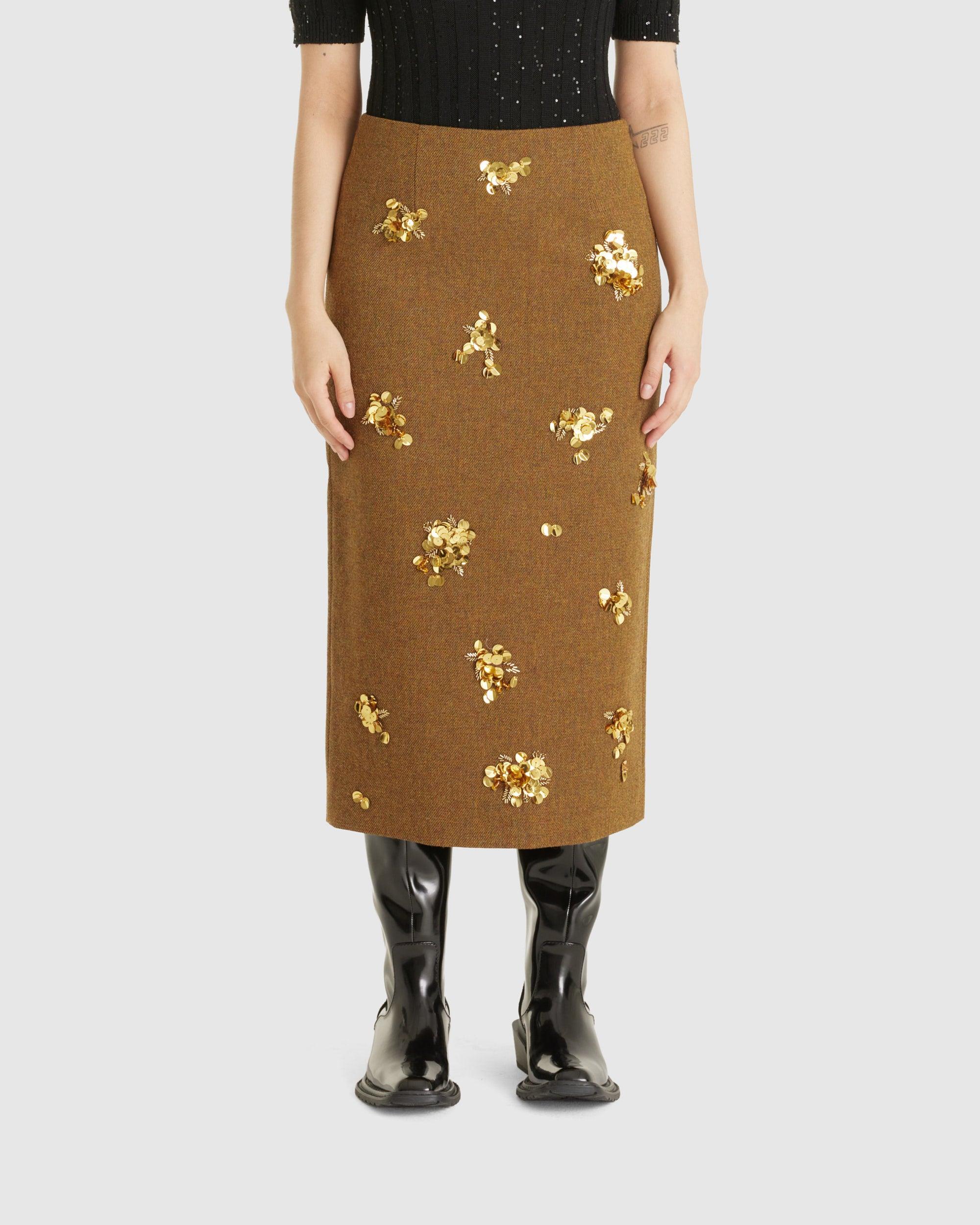 Straight Fitted Midi Skirt Brown Yellow