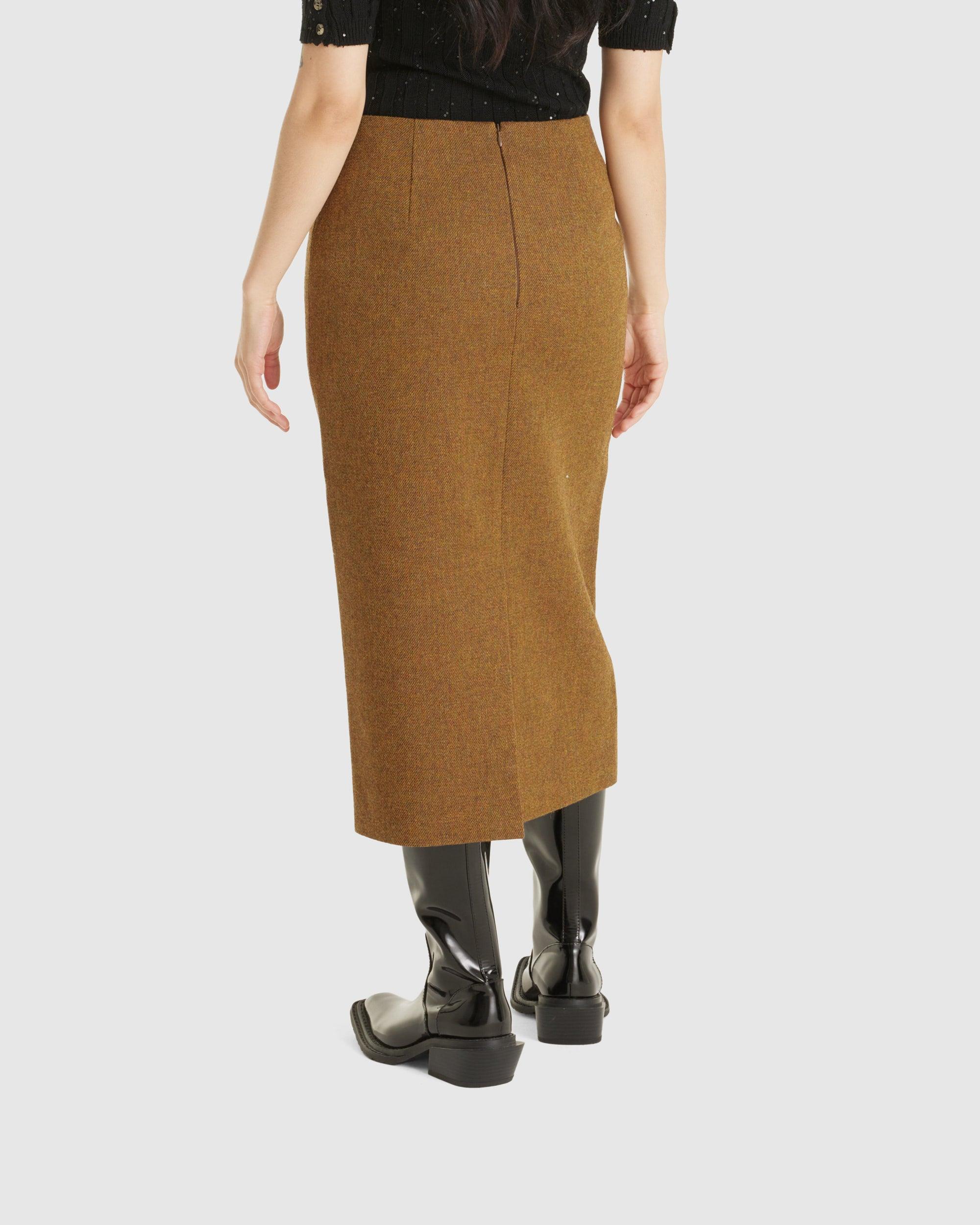 Straight Fitted Midi Skirt Brown Yellow