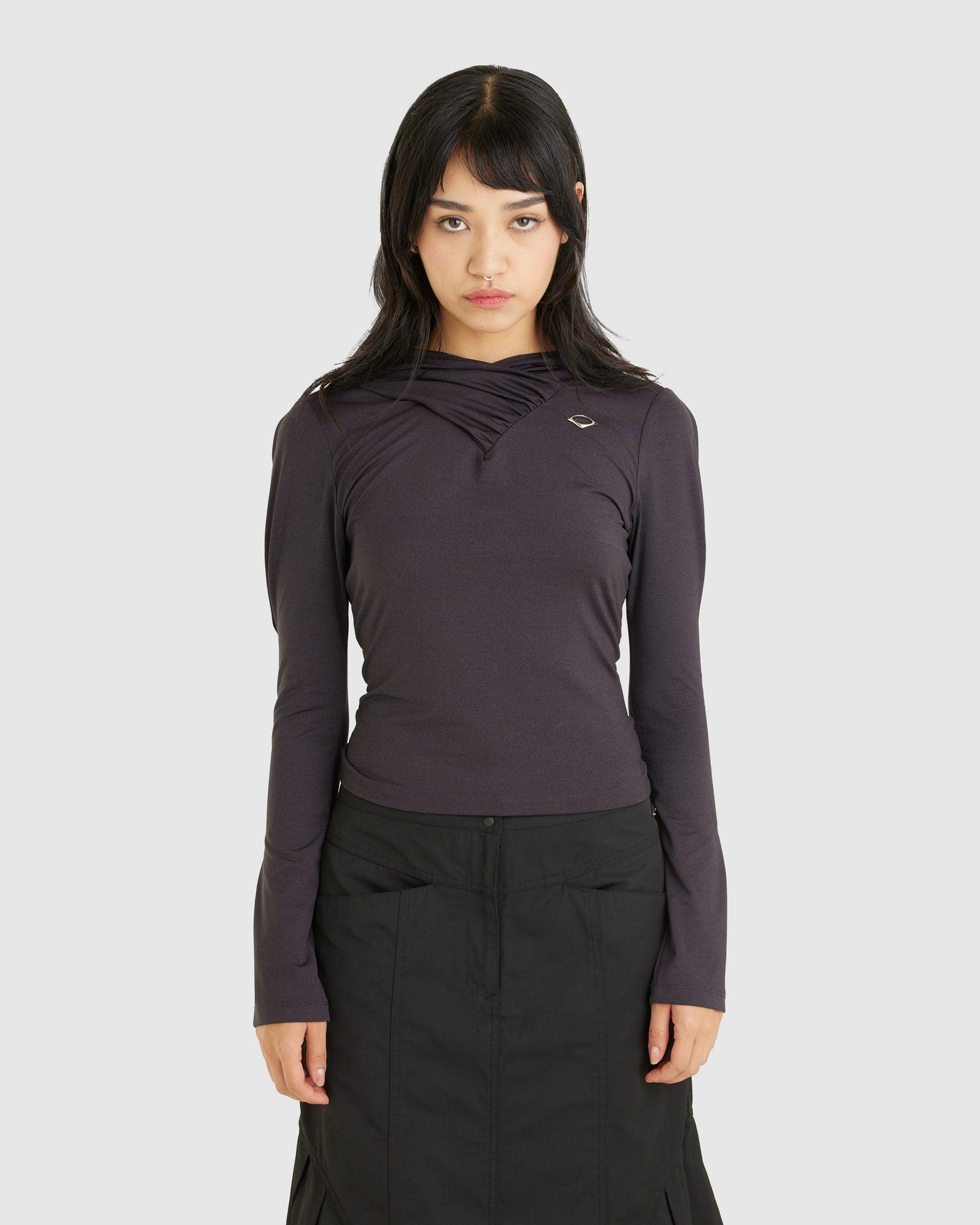 Hooded Shirring Overlap Top Charcoal - {{ collection.title }} - Chinatown Country Club 
