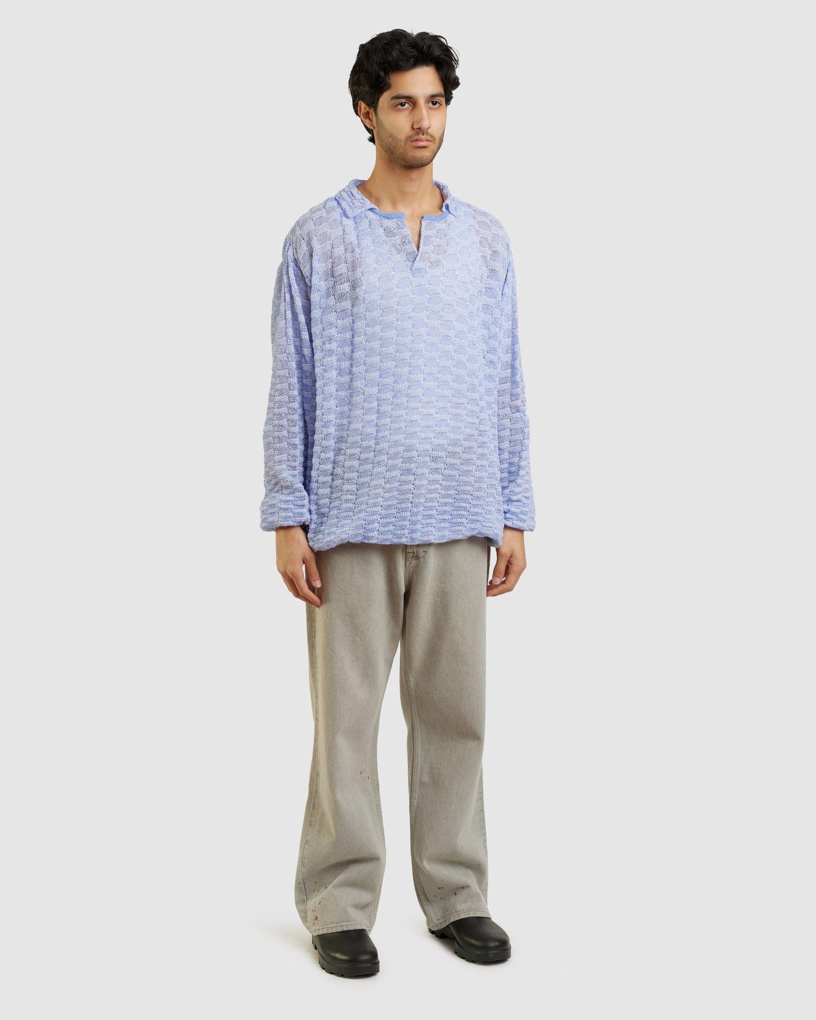 Knit Checked Long Sleeve Polo Shirt - {{ collection.title }} - Chinatown Country Club 