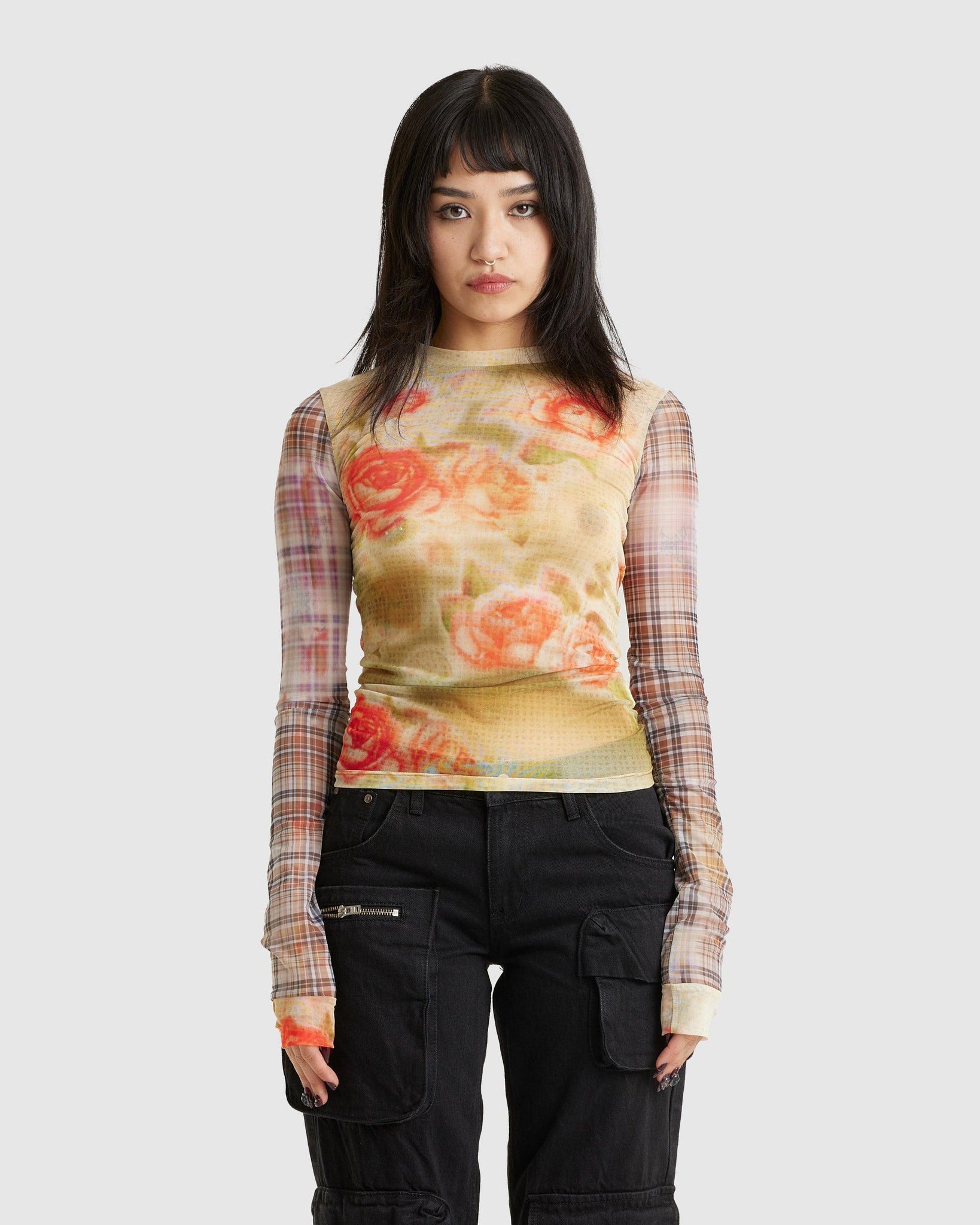 Knitted Flower Mesh Sleeve Top - {{ collection.title }} - Chinatown Country Club 